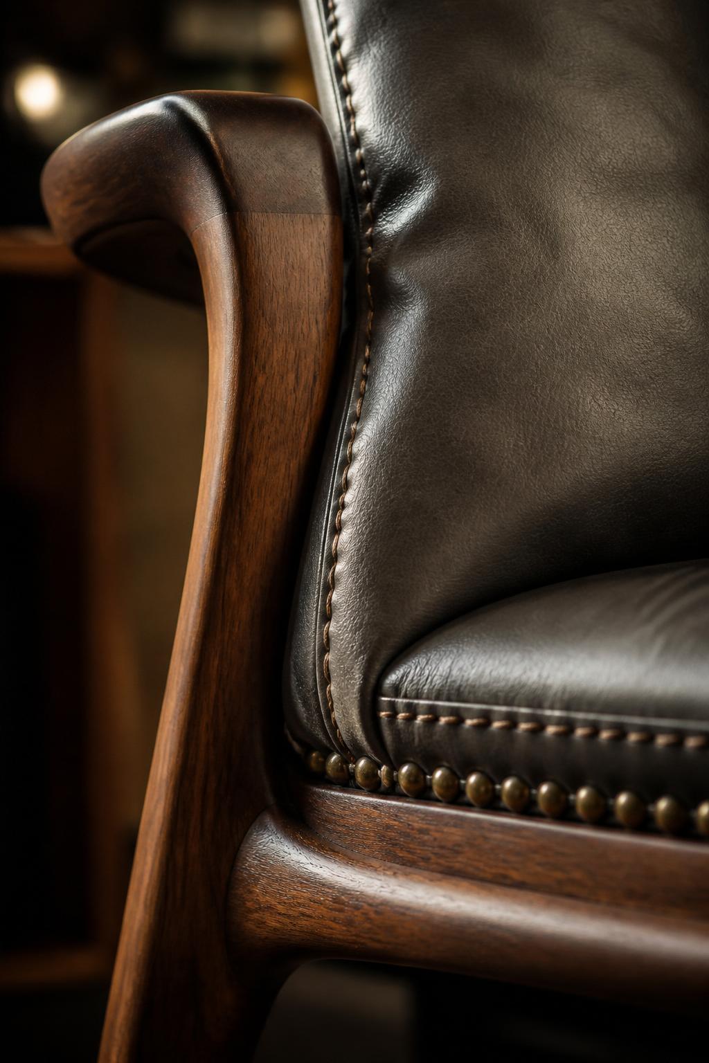 Detail of premium walnut and leather furniture craftsmanship