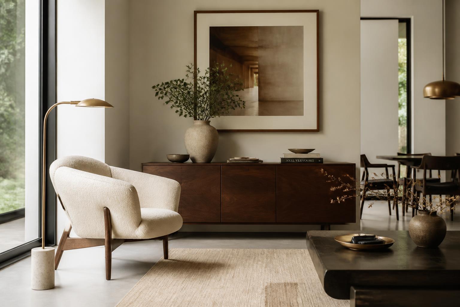 Premium living room interior with walnut console and sculptural lounge chair